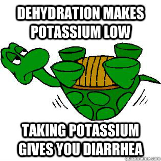 Dehydration makes potassium low Taking potassium gives you diarrhea - Dehydration makes potassium low Taking potassium gives you diarrhea  Gastroparesis Turtle
