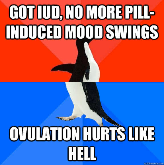 Got IUD, no more pill-induced mood swings ovulation hurts like hell - Got IUD, no more pill-induced mood swings ovulation hurts like hell  Socially Awesome Awkward Penguin