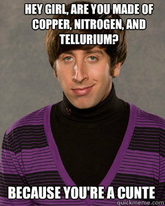 Hey girl, are you made of copper, nitrogen, and tellurium? Because you're a cunte  