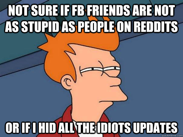 not sure if FB friends are not as stupid as people on reddits or if I hid all the idiots updates  Futurama Fry