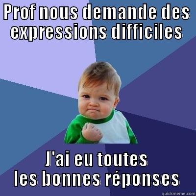 PROF NOUS DEMANDE DES EXPRESSIONS DIFFICILES J'AI EU TOUTES LES BONNES RÉPONSES Success Kid