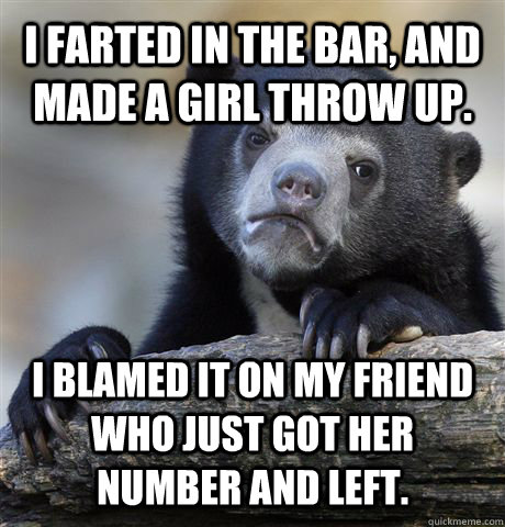 i farted in the bar, and made a girl throw up. i blamed it on my friend who just got her number and left.  Confession Bear