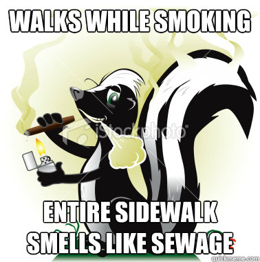 Walks while smoking Entire sidewalk smells like sewage  