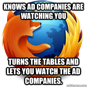 Knows ad companies are watching you Turns the tables and lets you watch the ad companies.  Good Guy Firefox