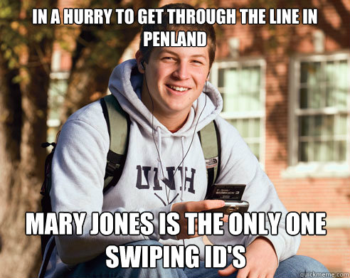 In a hurry to get through the line in Penland Mary Jones is the only one swiping ID's  College Freshman