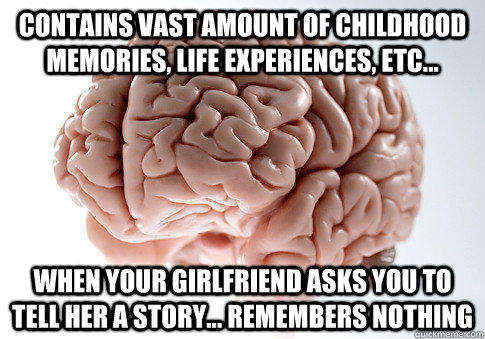 Contains vast amount of childhood memories, life experiences, etc... When your girlfriend asks you to tell her a story... Remembers nothing - Contains vast amount of childhood memories, life experiences, etc... When your girlfriend asks you to tell her a story... Remembers nothing  Scumbag Brain