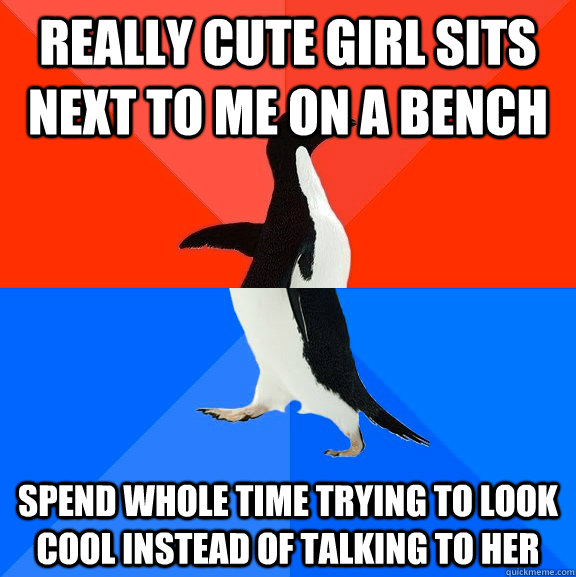 really cute girl sits next to me on a bench spend whole time trying to look cool instead of talking to her  Socially Awesome Awkward Penguin