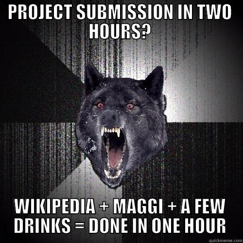 PROJECT SUBMISSION IN TWO HOURS? WIKIPEDIA + MAGGI + A FEW DRINKS = DONE IN ONE HOUR Insanity Wolf