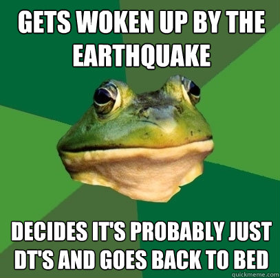 Gets woken up by the earthquake decides it's probably just DT's and goes back to bed  Foul Bachelor Frog