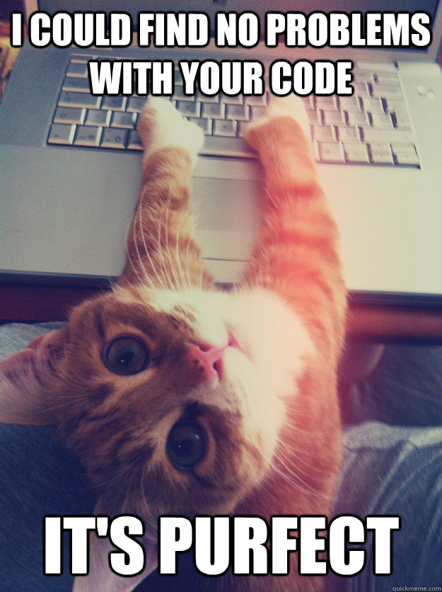 I could find no problems with your code It's purfect - I could find no problems with your code It's purfect  Programmer Cat