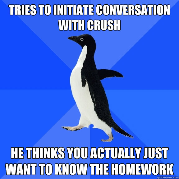 Tries to initiate conversation with crush he thinks you actually just want to know the homework  Socially Awkward Penguin