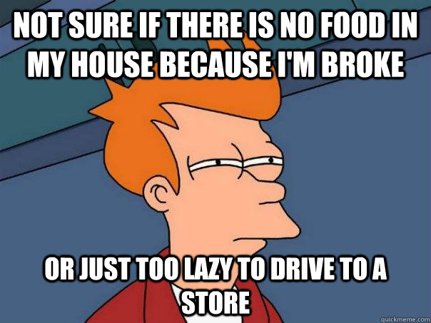 Not sure if there is no food in my house because I'm broke or just too lazy to drive to a store - Not sure if there is no food in my house because I'm broke or just too lazy to drive to a store  Futurama Fry