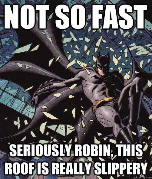 Not so fast Seriously Robin, this roof is really slippery  Interrupting Batman