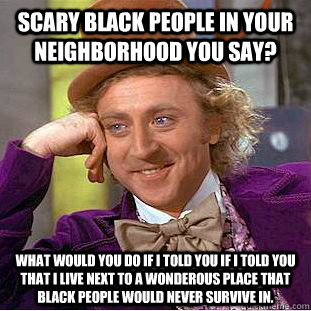 Scary black people in your neighborhood you say? What would you do if I told you if I told you that I live next to a wonderous place that black people would never survive in.  Creepy Wonka