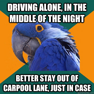 Driving alone, in the middle of the night Better stay out of carpool lane, just in case  Paranoid Parrot