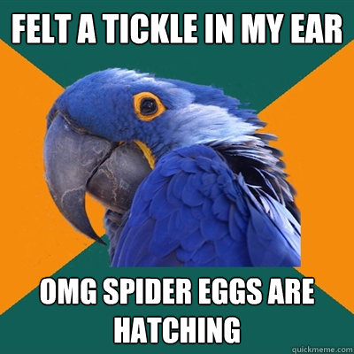 felt a tickle in my ear omg spider eggs are hatching  Paranoid Parrot