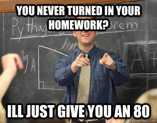 You never turned in your homework? Ill just give you an 80  Awesome High School Teacher