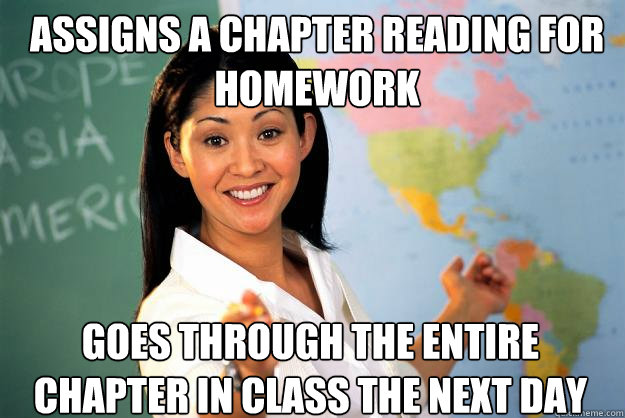 Assigns a chapter reading for homework goes through the entire chapter in class the next day  Unhelpful High School Teacher