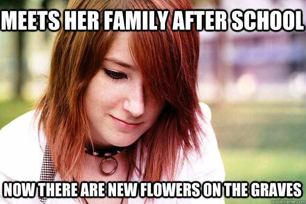 Meets her family after school now there are new flowers on the graves  