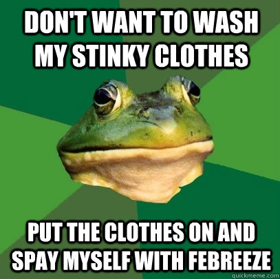 Don't want to wash my stinky clothes put the clothes on and spay myself with febreeze  Foul Bachelor Frog