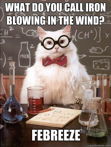 What do you call Iron blowing in the wind? Febreeze - What do you call Iron blowing in the wind? Febreeze  Chemistry Cat