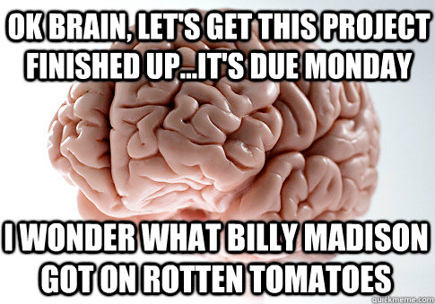 ok brain, let's get this project finished up...it's due monday I wonder what Billy Madison got on Rotten Tomatoes  Scumbag Brain