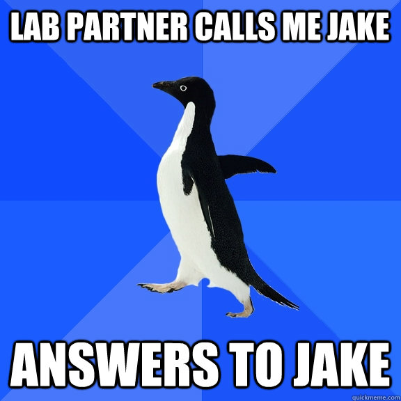 Lab partner calls me jake answers to jake  Socially Awkward Penguin