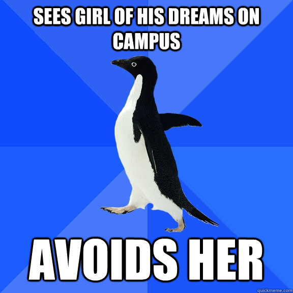 Sees girl of his dreams on campus avoids her  Socially Awkward Penguin