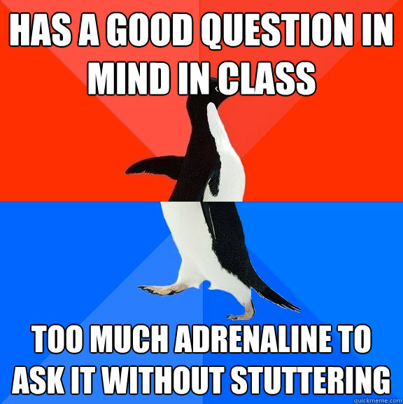 Has a good question in mind in class Too much adrenaline to ask it without stuttering  Socially Awesome Awkward Penguin