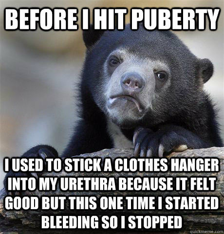 Before I hit puberty  I used to stick a clothes hanger into my urethra because it felt good but this one time i started bleeding so i stopped - Before I hit puberty  I used to stick a clothes hanger into my urethra because it felt good but this one time i started bleeding so i stopped  Confession Bear