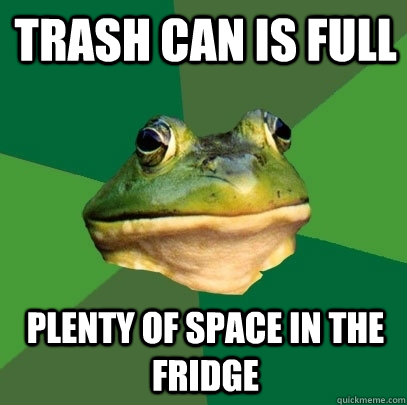 Trash can is full Plenty of space in the fridge  Foul Bachelor Frog
