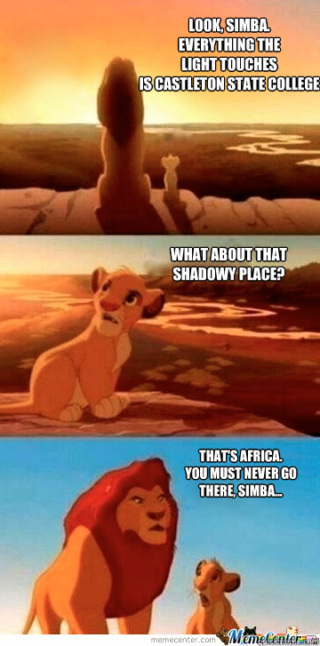 Look, Simba.
Everything the
light touches 
is Castleton State College What about that
shadowy place? That's Africa.
You must never go
there, Simba...  - Look, Simba.
Everything the
light touches 
is Castleton State College What about that
shadowy place? That's Africa.
You must never go
there, Simba...   LightTouchesCStat