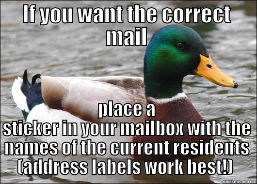 IF YOU WANT THE CORRECT MAIL PLACE A STICKER IN YOUR MAILBOX WITH THE NAMES OF THE CURRENT RESIDENTS (ADDRESS LABELS WORK BEST!)  Actual Advice Mallard