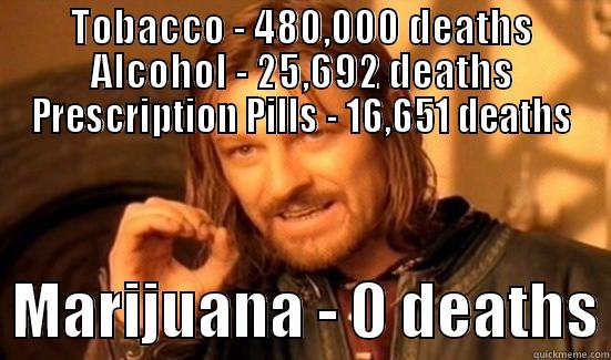 TOBACCO - 480,000 DEATHS ALCOHOL - 25,692 DEATHS PRESCRIPTION PILLS - 16,651 DEATHS   MARIJUANA - 0 DEATHS Boromir
