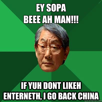 ey SOPA
Beee ah Man!!! If yuh dont likeh enterneth, i go back CHINA  High Expectations Asian Father