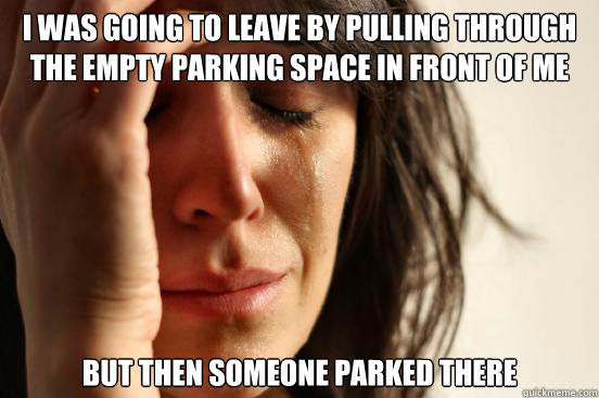 I WAS GOING TO LEAVE BY PULLING THROUGH THE EMPTY PARKING SPACE IN FRONT OF ME BUT THEN SOMEONE PARKED THERE  First World Problems