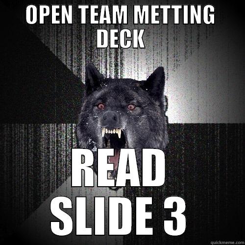 OPEN TEAM METTING DECK READ SLIDE 3 Insanity Wolf