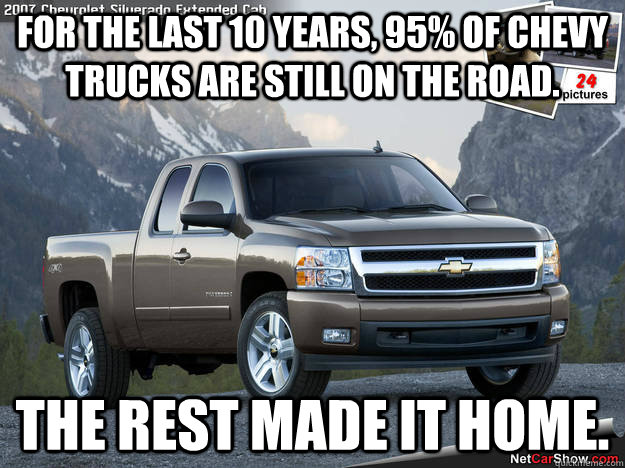 For the last 10 years, 95% of chevy trucks are still on the road. the rest made it home. - For the last 10 years, 95% of chevy trucks are still on the road. the rest made it home.  Misc