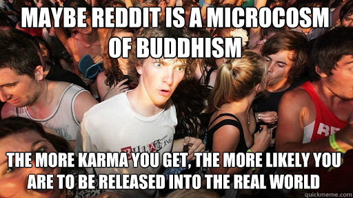 Maybe Reddit is a microcosm of buddhism the more karma you get, the more likely you are to be released into the real world - Maybe Reddit is a microcosm of buddhism the more karma you get, the more likely you are to be released into the real world  Sudden Clarity Clarence