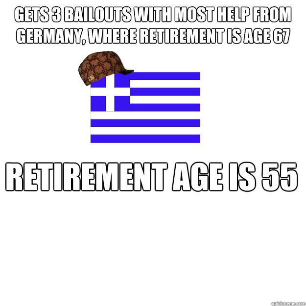 Gets 3 bailouts with most help from Germany, where retirement is age 67 Retirement age is 55  