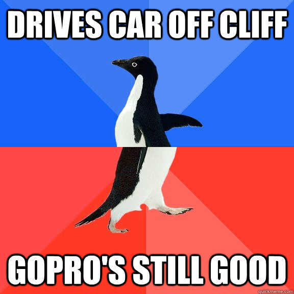 Drives car off cliff GoPro's still good  Socially Awkward Awesome Penguin