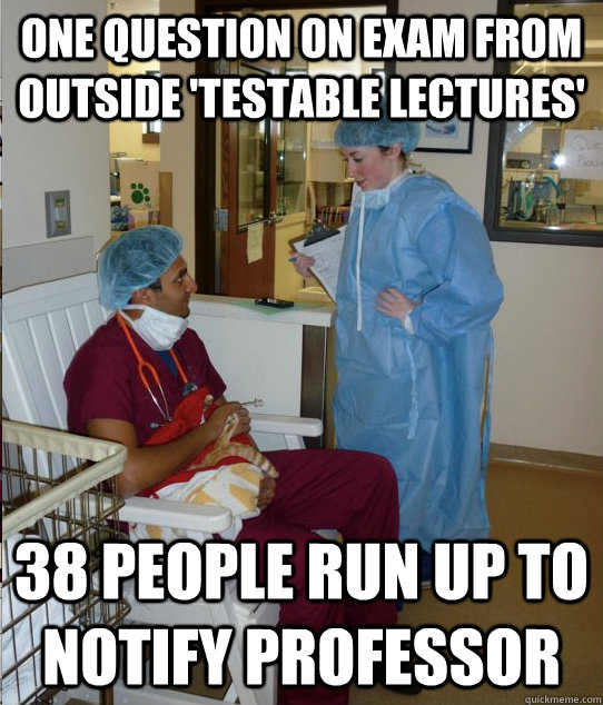 one question on exam from outside 'testable lectures' 38 people run up to notify professor  Overworked Veterinary Student