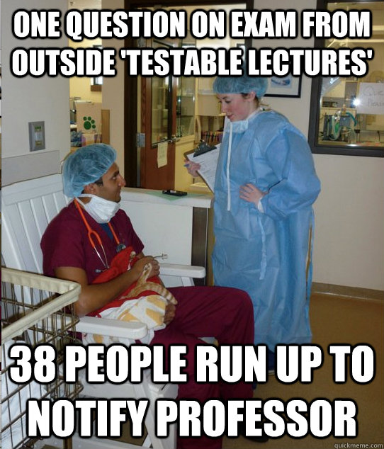 one question on exam from outside 'testable lectures' 38 people run up to notify professor - one question on exam from outside 'testable lectures' 38 people run up to notify professor  Overworked Veterinary Student