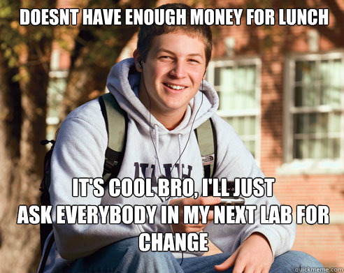 Doesnt have enough money for lunch It's cool bro, I'll just
ask everybody in my next lab for change  College Freshman