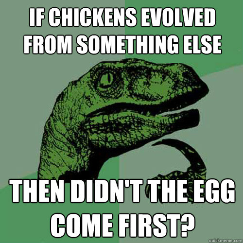 if chickens evolved from something else then didn't the egg come first? - if chickens evolved from something else then didn't the egg come first?  Philosoraptor