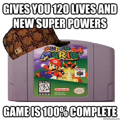 gives you 120 lives and new super powers game is 100% complete  Scumbag Mario 64