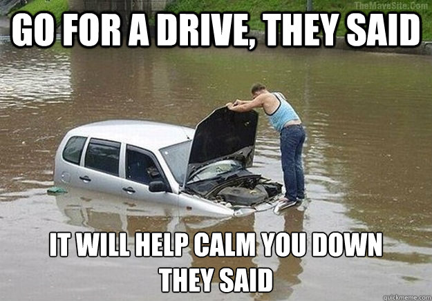 GO FOR A DRIVE, THEY SAID IT WILL HELP CALM YOU DOWN 
THEY SAID - GO FOR A DRIVE, THEY SAID IT WILL HELP CALM YOU DOWN 
THEY SAID  They said driver