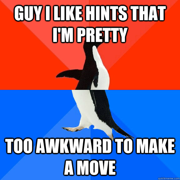 Guy I like hints that I'm pretty Too awkward to make a move  Socially Awesome Awkward Penguin
