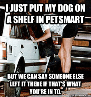 I just put my dog on a shelf in petsmart But we can say someone else left it there if that's what you're in to.  FB karma whore