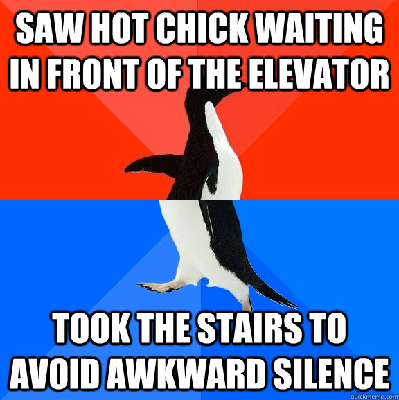 Saw hot chick waiting in front of the elevator Took the stairs to avoid Awkward silence  Socially Awesome Awkward Penguin